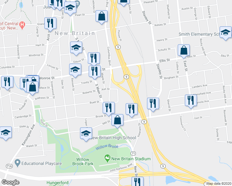 map of restaurants, bars, coffee shops, grocery stores, and more near 9 Vega Street in New Britain