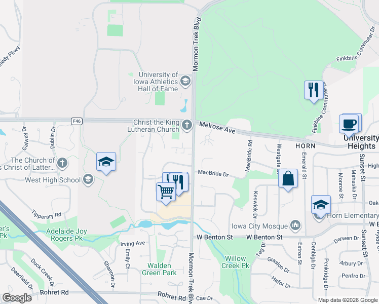 map of restaurants, bars, coffee shops, grocery stores, and more near 2427 Petsel Place in Iowa City
