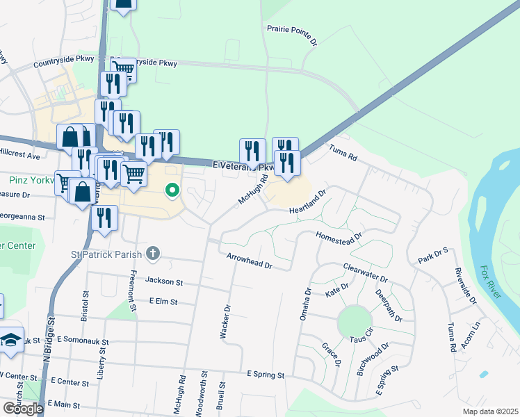 map of restaurants, bars, coffee shops, grocery stores, and more near 683 Heartland Drive in Yorkville