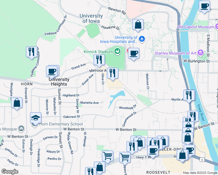 map of restaurants, bars, coffee shops, grocery stores, and more near 788 Woodside Drive in Iowa City