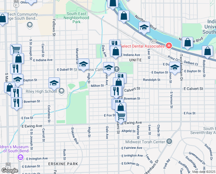 map of restaurants, bars, coffee shops, grocery stores, and more near 1002 Milton Street in South Bend