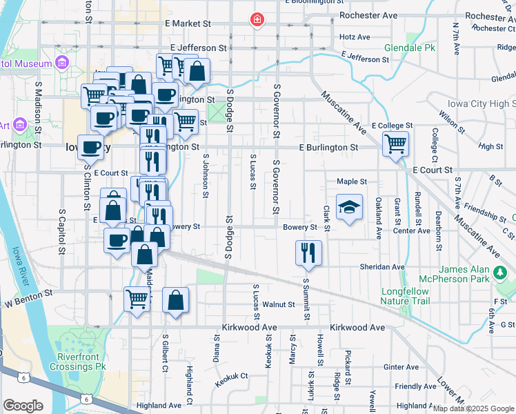 map of restaurants, bars, coffee shops, grocery stores, and more near 518 South Lucas Street in Iowa City