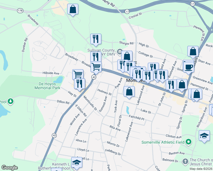 map of restaurants, bars, coffee shops, grocery stores, and more near 15 Osbourne Street in Monticello