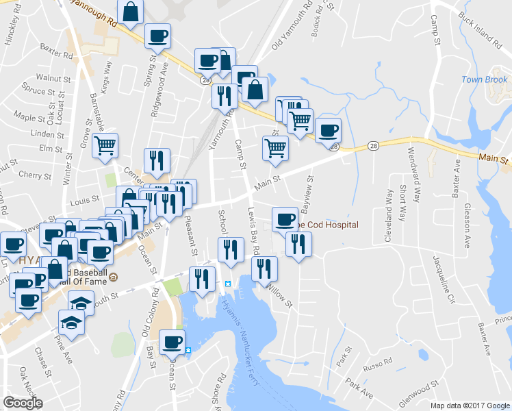 map of restaurants, bars, coffee shops, grocery stores, and more near 105 Park Street in Barnstable