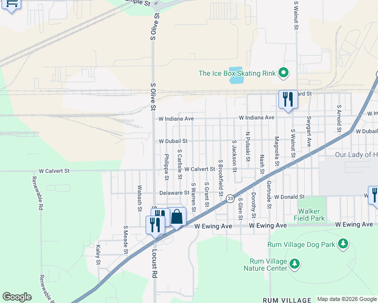 map of restaurants, bars, coffee shops, grocery stores, and more near 1721 South Warren Street in South Bend