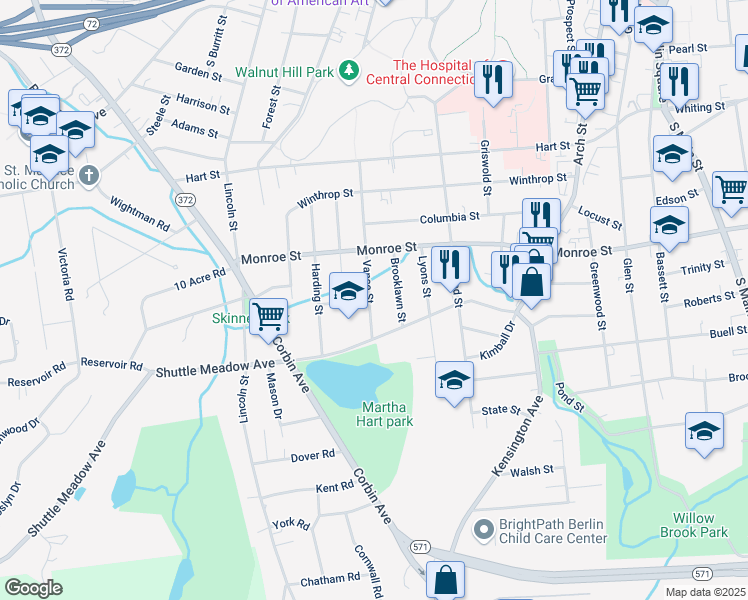 map of restaurants, bars, coffee shops, grocery stores, and more near 162 Vance Street in New Britain