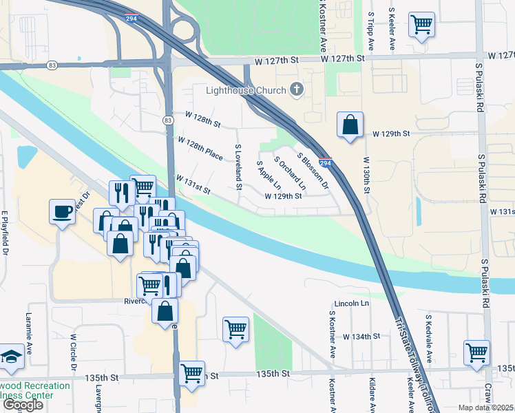 map of restaurants, bars, coffee shops, grocery stores, and more near 4654 West 131st Street in Alsip