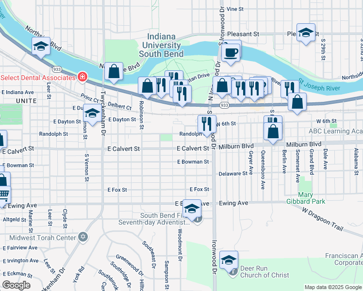 map of restaurants, bars, coffee shops, grocery stores, and more near 1847 East Calvert Street in South Bend