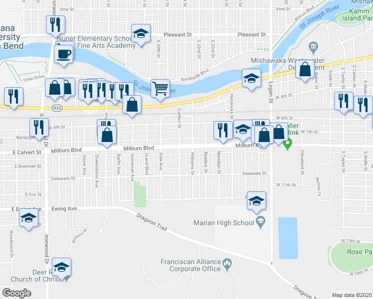 map of restaurants, bars, coffee shops, grocery stores, and more near 1911 Milburn Boulevard in Mishawaka