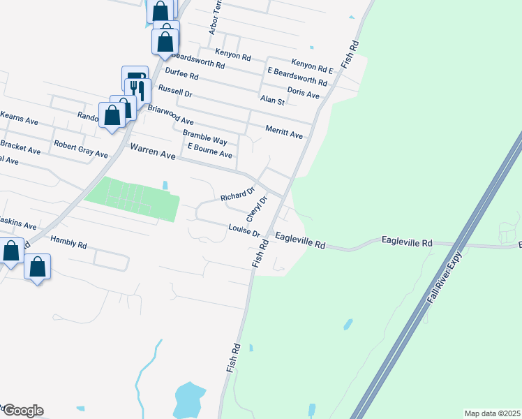 map of restaurants, bars, coffee shops, grocery stores, and more near 30 Cheryl Drive in Tiverton