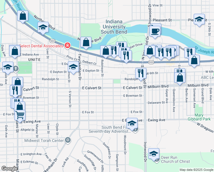 map of restaurants, bars, coffee shops, grocery stores, and more near 1717 East Calvert Street in South Bend