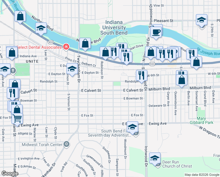 map of restaurants, bars, coffee shops, grocery stores, and more near 1717 East Calvert Street in South Bend