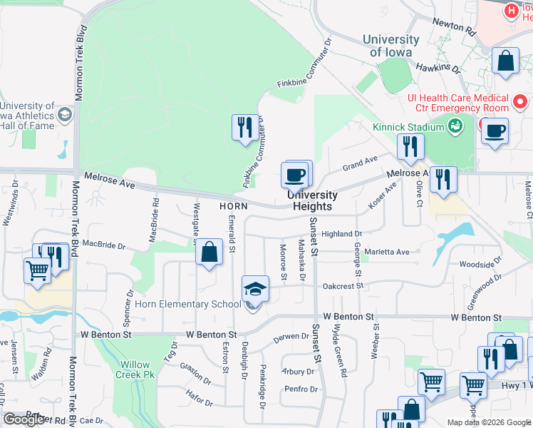 map of restaurants, bars, coffee shops, grocery stores, and more near 332 Koser Avenue in Iowa City