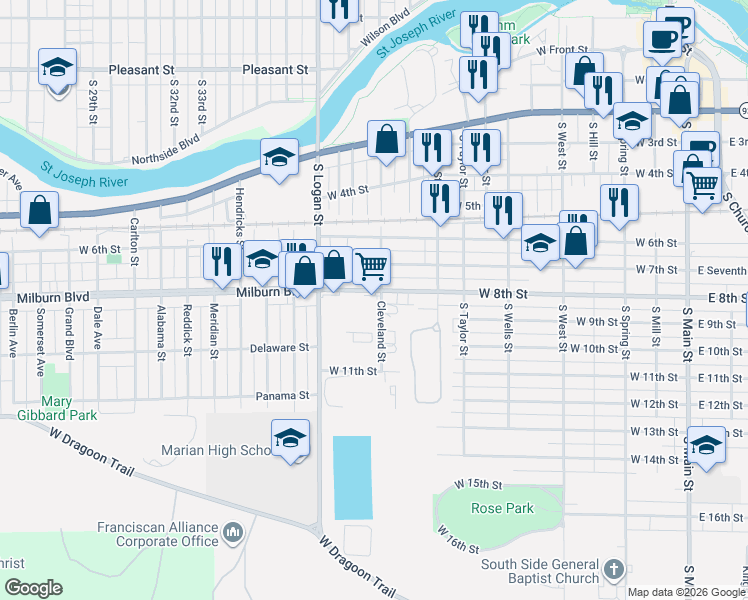 map of restaurants, bars, coffee shops, grocery stores, and more near 1107 West 8th Street in Mishawaka