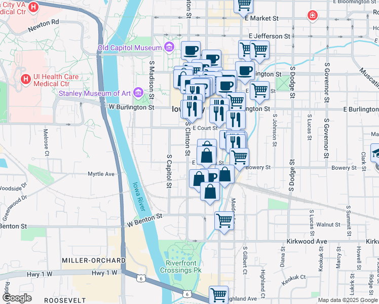map of restaurants, bars, coffee shops, grocery stores, and more near 510 South Clinton Street in Iowa City