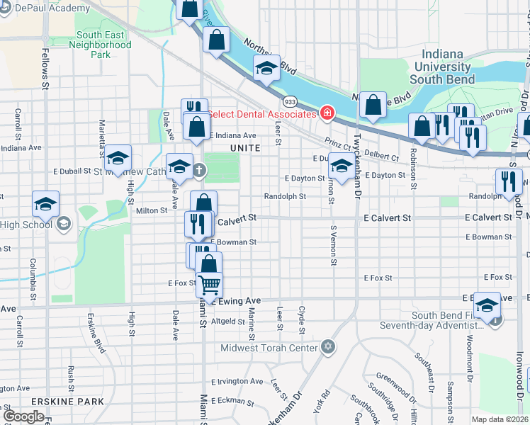 map of restaurants, bars, coffee shops, grocery stores, and more near 1829 Leer Street in South Bend