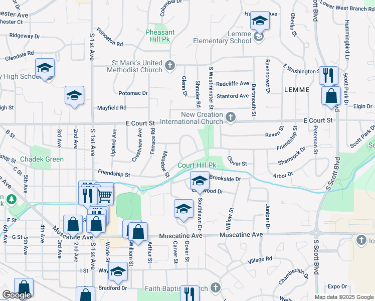 map of restaurants, bars, coffee shops, grocery stores, and more near 2806 Friendship Street in Iowa City