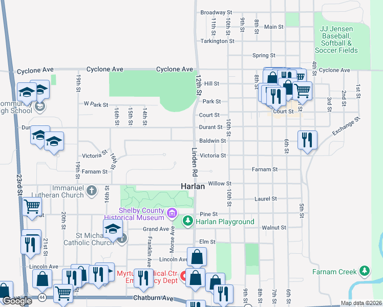 map of restaurants, bars, coffee shops, grocery stores, and more near 1311 12th Street in Harlan
