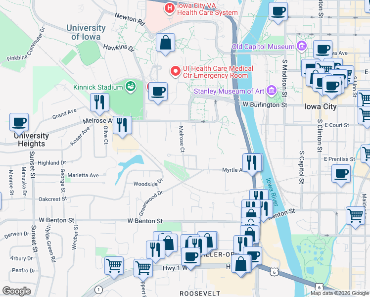 map of restaurants, bars, coffee shops, grocery stores, and more near 310 Melrose Court in Iowa City
