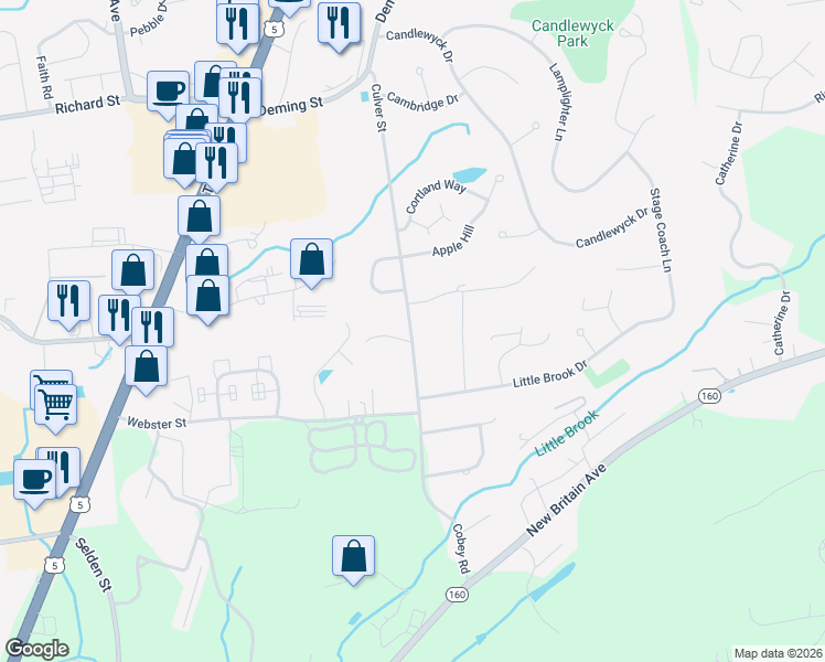 map of restaurants, bars, coffee shops, grocery stores, and more near 240 Culver Street in Newington