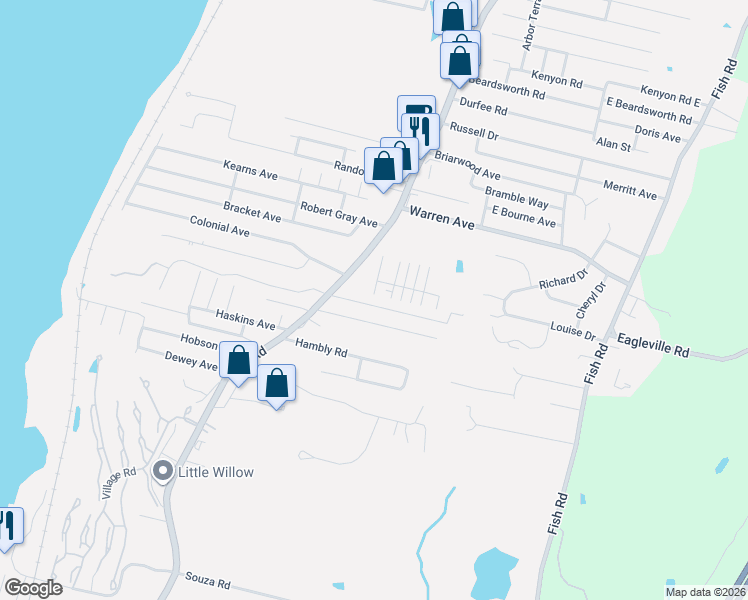 map of restaurants, bars, coffee shops, grocery stores, and more near 62 Grinnell Avenue in Tiverton