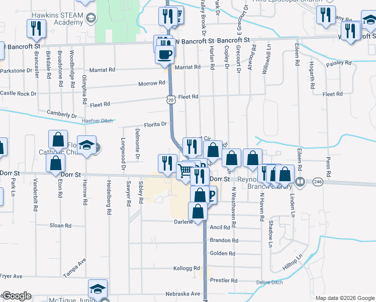 map of restaurants, bars, coffee shops, grocery stores, and more near 5214 Brandel Circle in Toledo