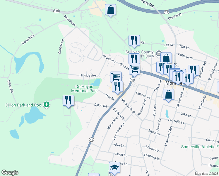 map of restaurants, bars, coffee shops, grocery stores, and more near 13 Pine Street in Monticello