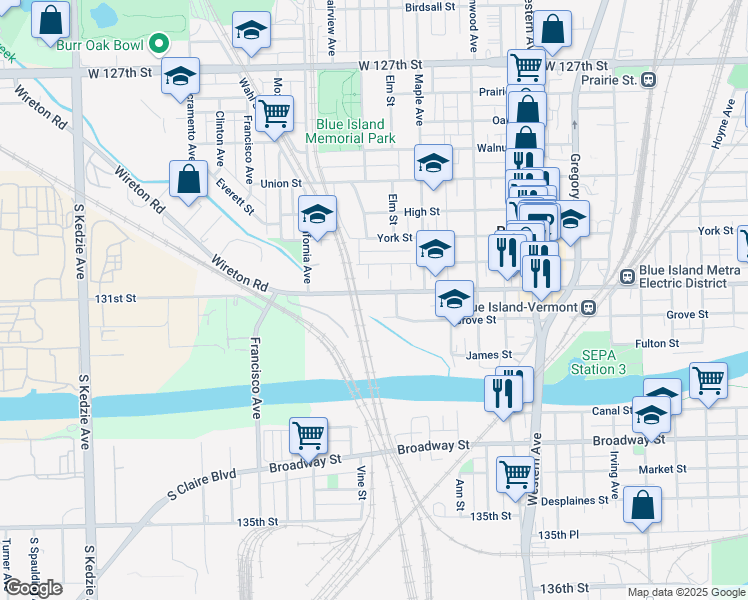 map of restaurants, bars, coffee shops, grocery stores, and more near 2657 Vermont Street in Blue Island