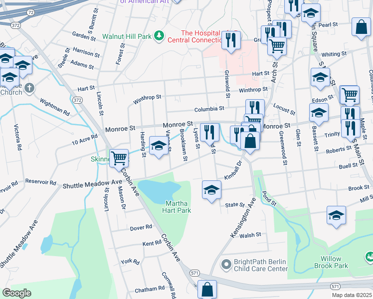 map of restaurants, bars, coffee shops, grocery stores, and more near 58 Brooklawn St in New Britain