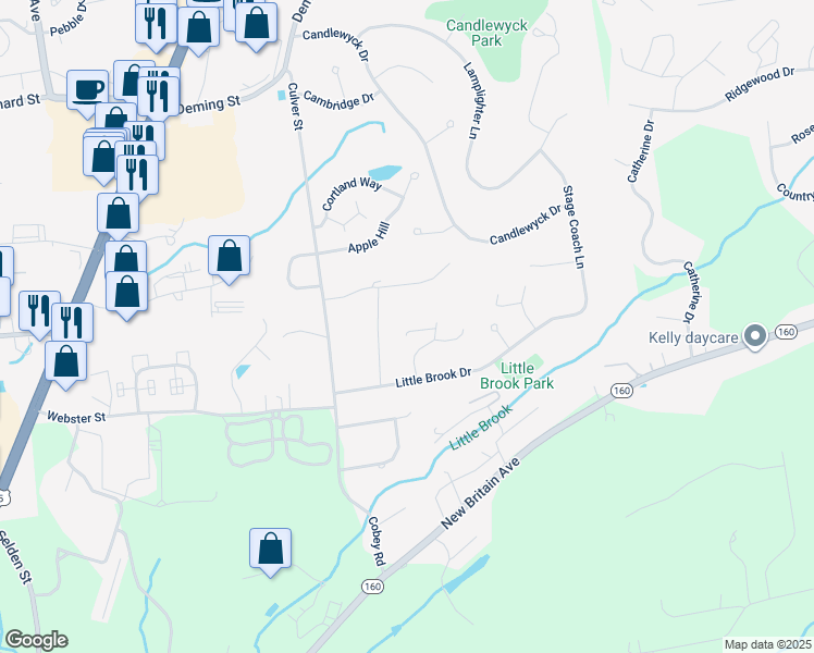 map of restaurants, bars, coffee shops, grocery stores, and more near 26 Kowal Court in Newington