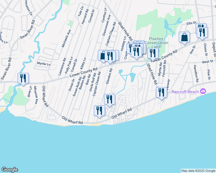 map of restaurants, bars, coffee shops, grocery stores, and more near 42 Glendon Road in Dennis