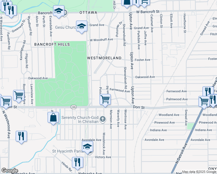 map of restaurants, bars, coffee shops, grocery stores, and more near 1504 Addington Road in Toledo