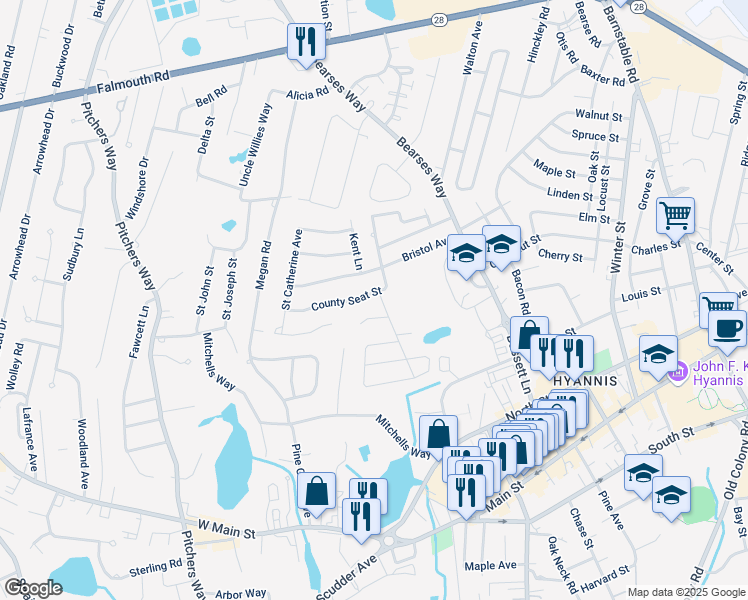 map of restaurants, bars, coffee shops, grocery stores, and more near 89 County Seat Street in Barnstable