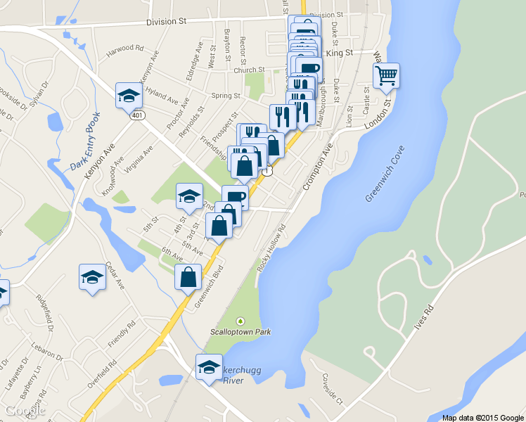 map of restaurants, bars, coffee shops, grocery stores, and more near 41 Rocky Hollow Rd in East Greenwich