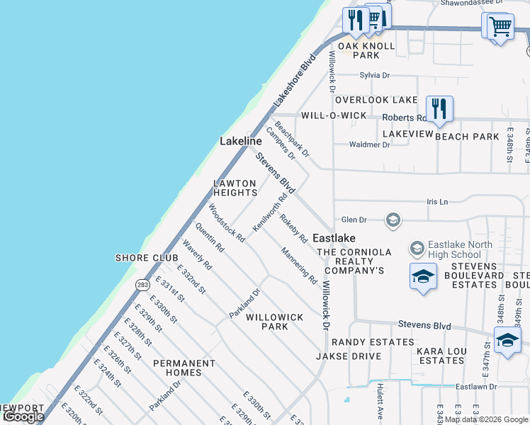 map of restaurants, bars, coffee shops, grocery stores, and more near 33661 Kenilworth Road in Eastlake