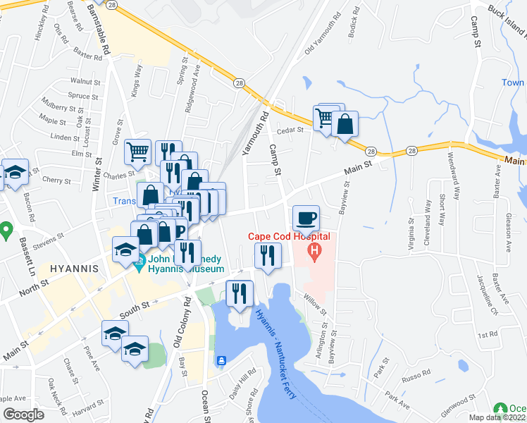 map of restaurants, bars, coffee shops, grocery stores, and more near 163 Main Street in Barnstable
