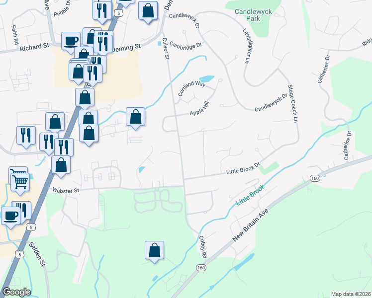 map of restaurants, bars, coffee shops, grocery stores, and more near 240 Culver Street in Newington