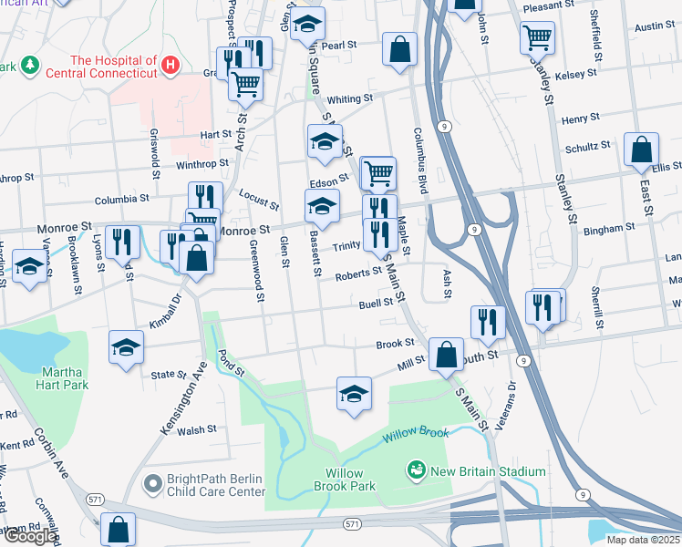 map of restaurants, bars, coffee shops, grocery stores, and more near 30 Roberts Street in New Britain