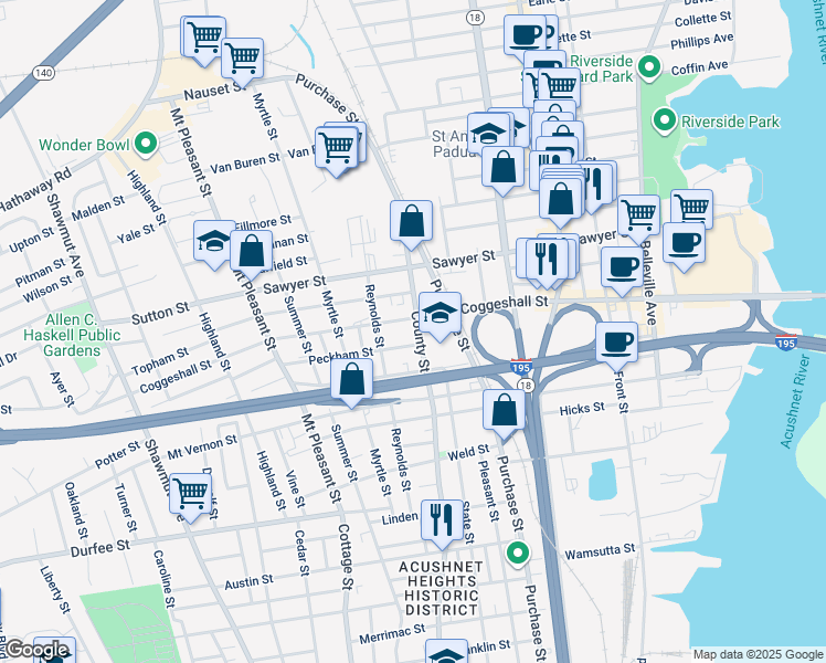 map of restaurants, bars, coffee shops, grocery stores, and more near 23 Peckham Street in New Bedford