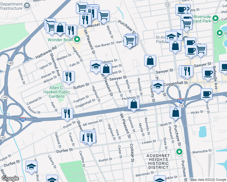 map of restaurants, bars, coffee shops, grocery stores, and more near 597 Coggeshall Street in New Bedford