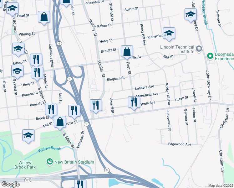map of restaurants, bars, coffee shops, grocery stores, and more near 10 Mansfield Avenue in New Britain