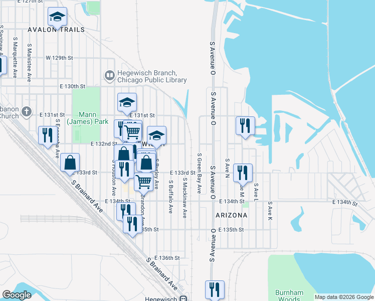 map of restaurants, bars, coffee shops, grocery stores, and more near 13200 South Green Bay Avenue in Chicago