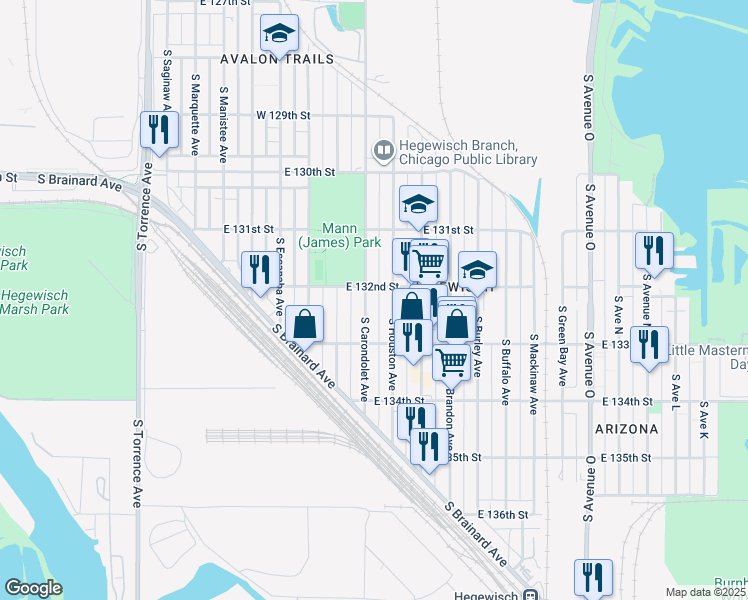 map of restaurants, bars, coffee shops, grocery stores, and more near 13219 South Carondolet Avenue in Chicago