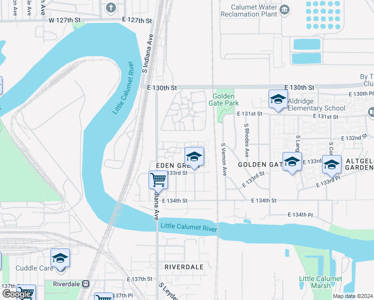 map of restaurants, bars, coffee shops, grocery stores, and more near 13215 South Indiana Avenue in Chicago