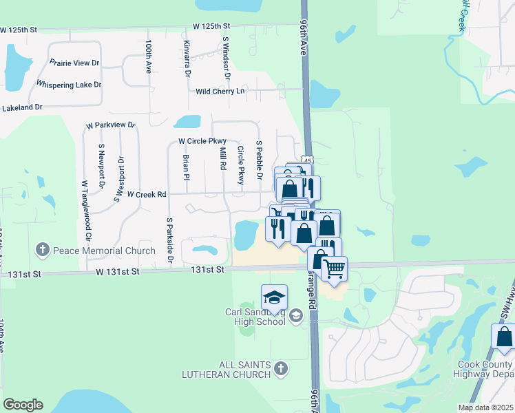 map of restaurants, bars, coffee shops, grocery stores, and more near 9744 Mill Drive East in Palos Park