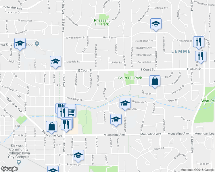 map of restaurants, bars, coffee shops, grocery stores, and more near 510 Meadow Street in Iowa City
