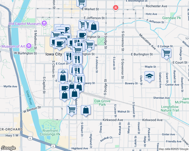 map of restaurants, bars, coffee shops, grocery stores, and more near 510 South Johnson Street in Iowa City