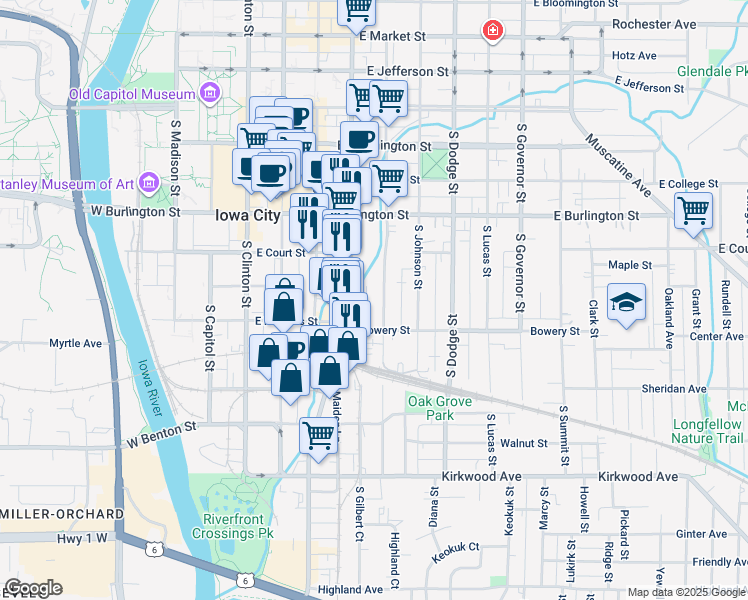 map of restaurants, bars, coffee shops, grocery stores, and more near 516 South Van Buren Street in Iowa City