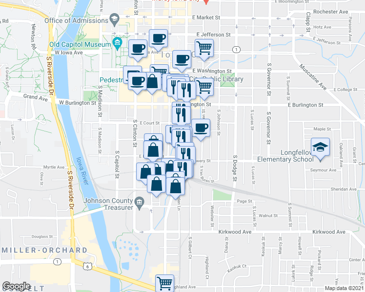 map of restaurants, bars, coffee shops, grocery stores, and more near 16 South Gilbert Street in Iowa City