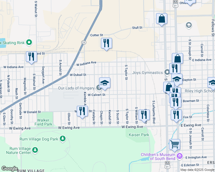 map of restaurants, bars, coffee shops, grocery stores, and more near 1807 Kendall Street in South Bend